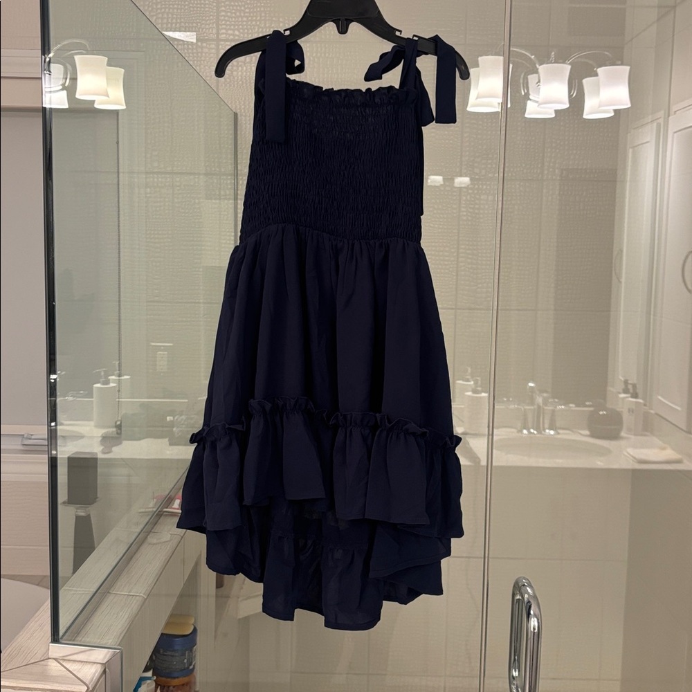 Girls Navy Tie-Shoulder Smocked High Low Sundress